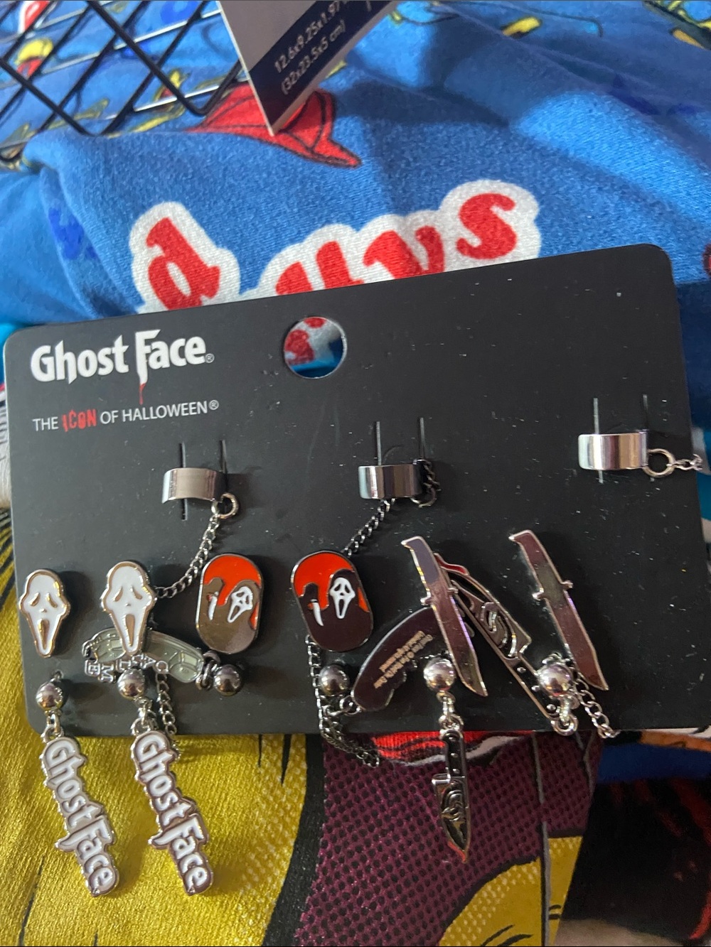 Silver & Black Halloween Ear Cuff and Stud Set - Black/Red ghost face